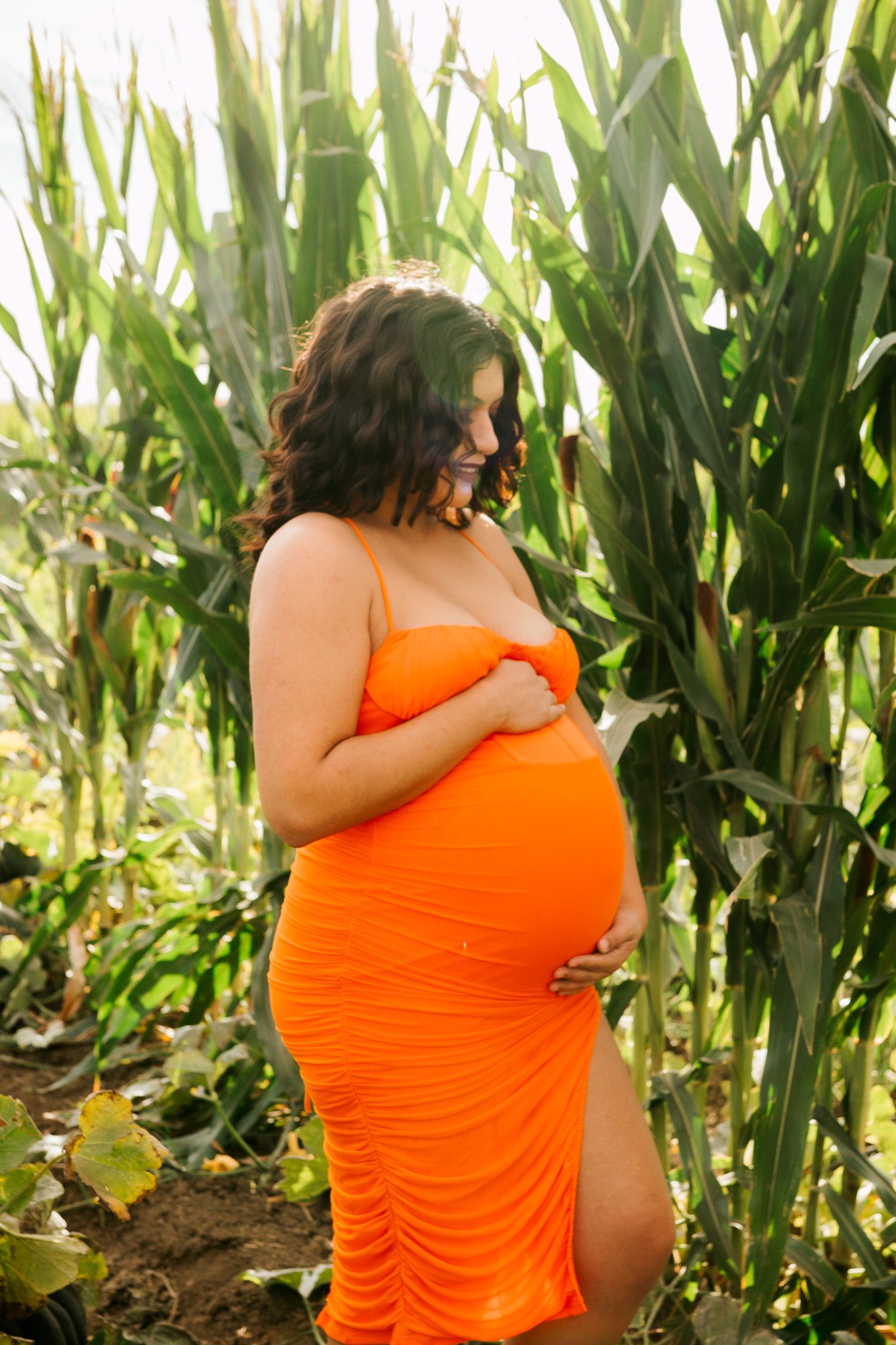 A woman in a bright orange maternity dress poses in a cornfield on a sunny day.