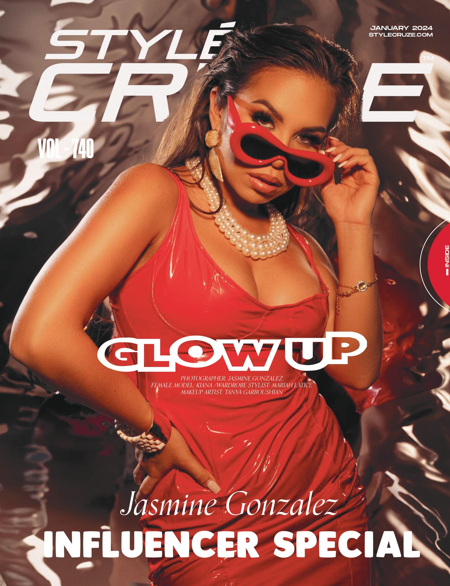 Fashion magazine cover featuring a model in a red dress and sunglasses with 'GLOW UP' text.