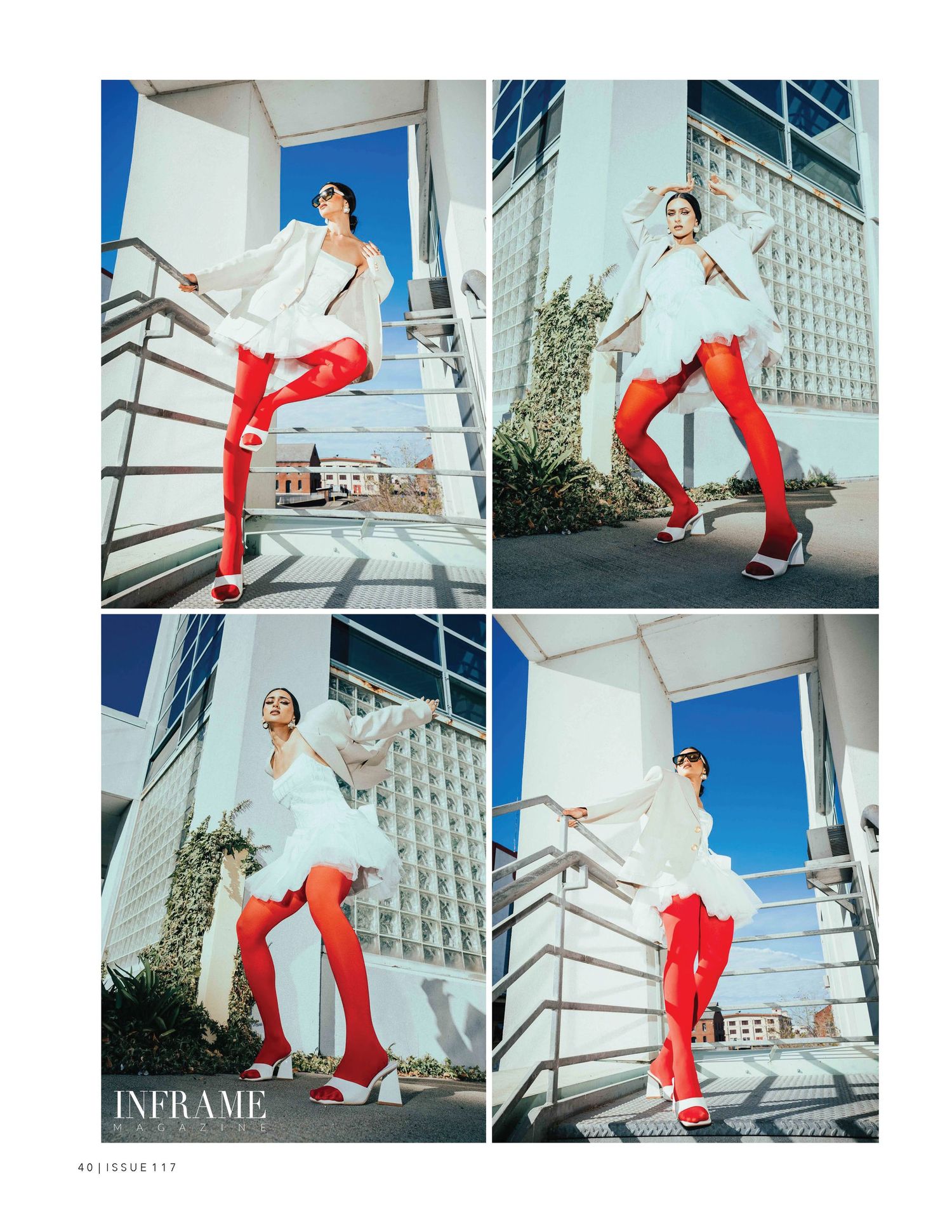 Fashion photo series showing a dancer in bright red pants and white top posing dynamically on an urban staircase against blue sky.