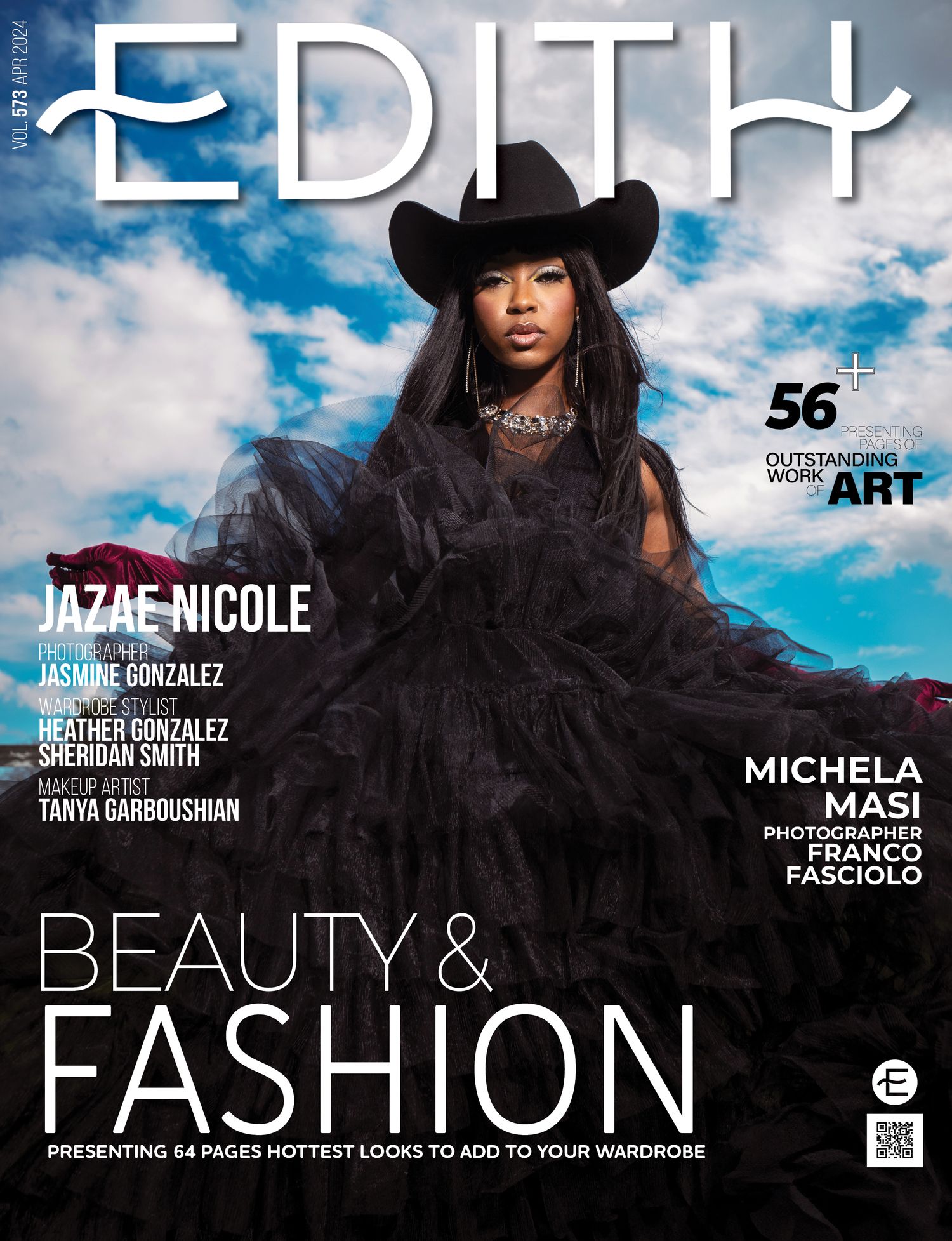 Fashion magazine cover showing a model in a black cowboy hat against a blue sky background for a beauty and fashion issue.