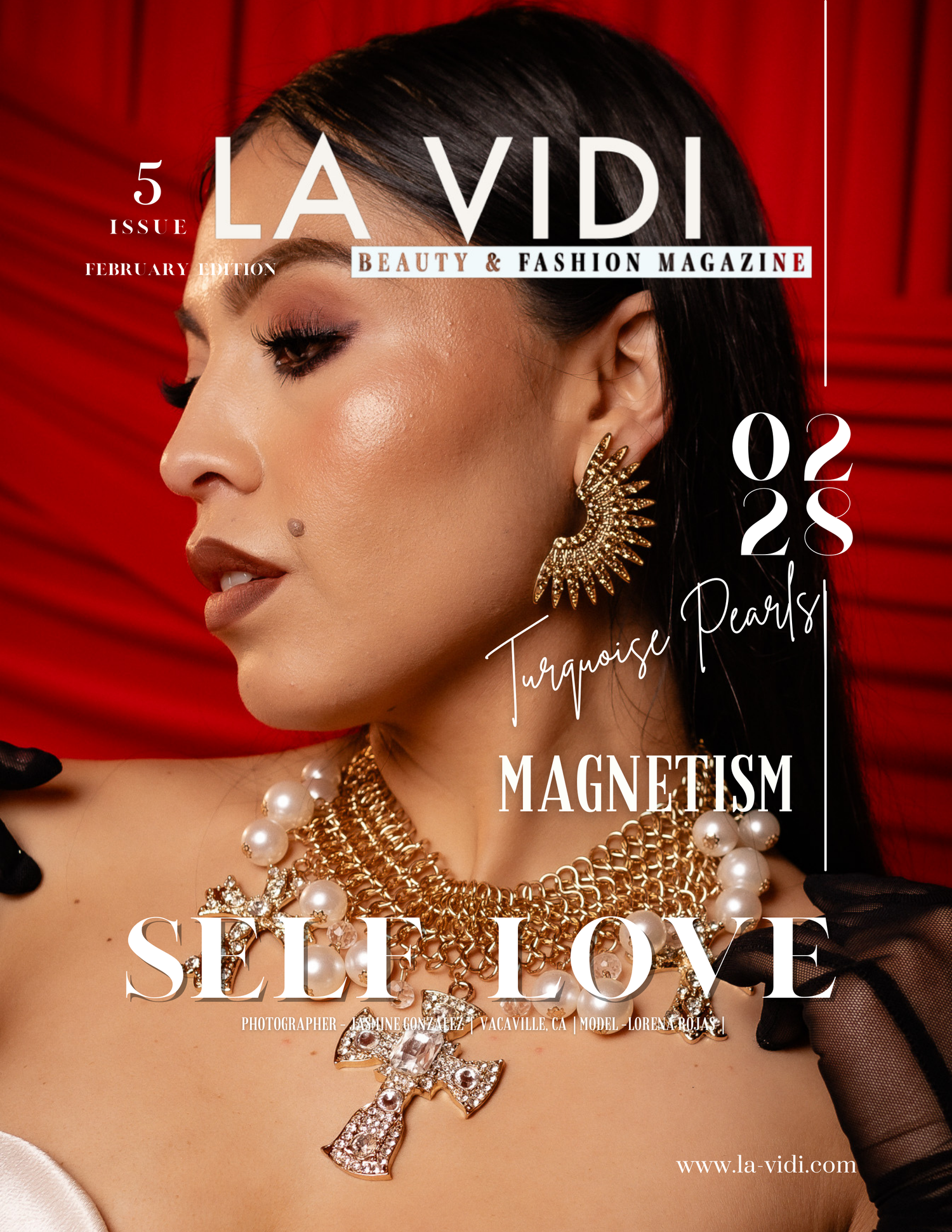 Fashion magazine cover featuring ornate gold jewelry and red backdrop with text overlays for LA VIDI style publication.