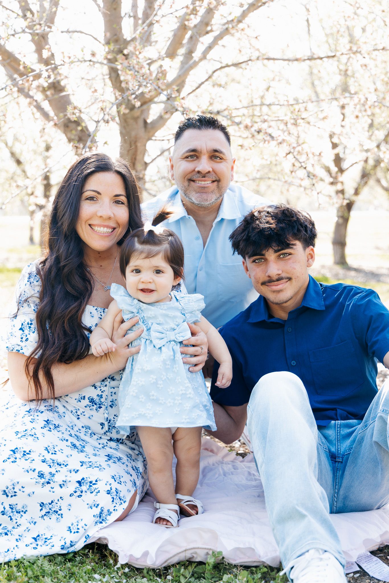 Family enjoying a spring day together while sitting on a blanket under blooming trees in a park.