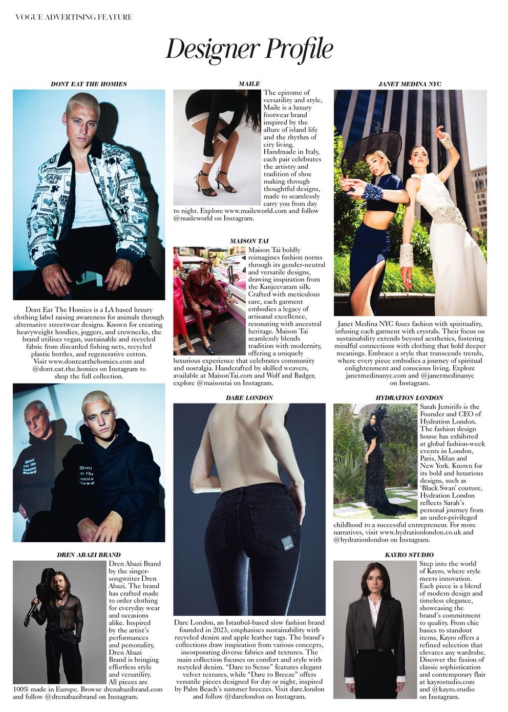 Magazine style fashion designer profile layout featuring clothing items, lifestyle photos and designer clothing details in a grid format.