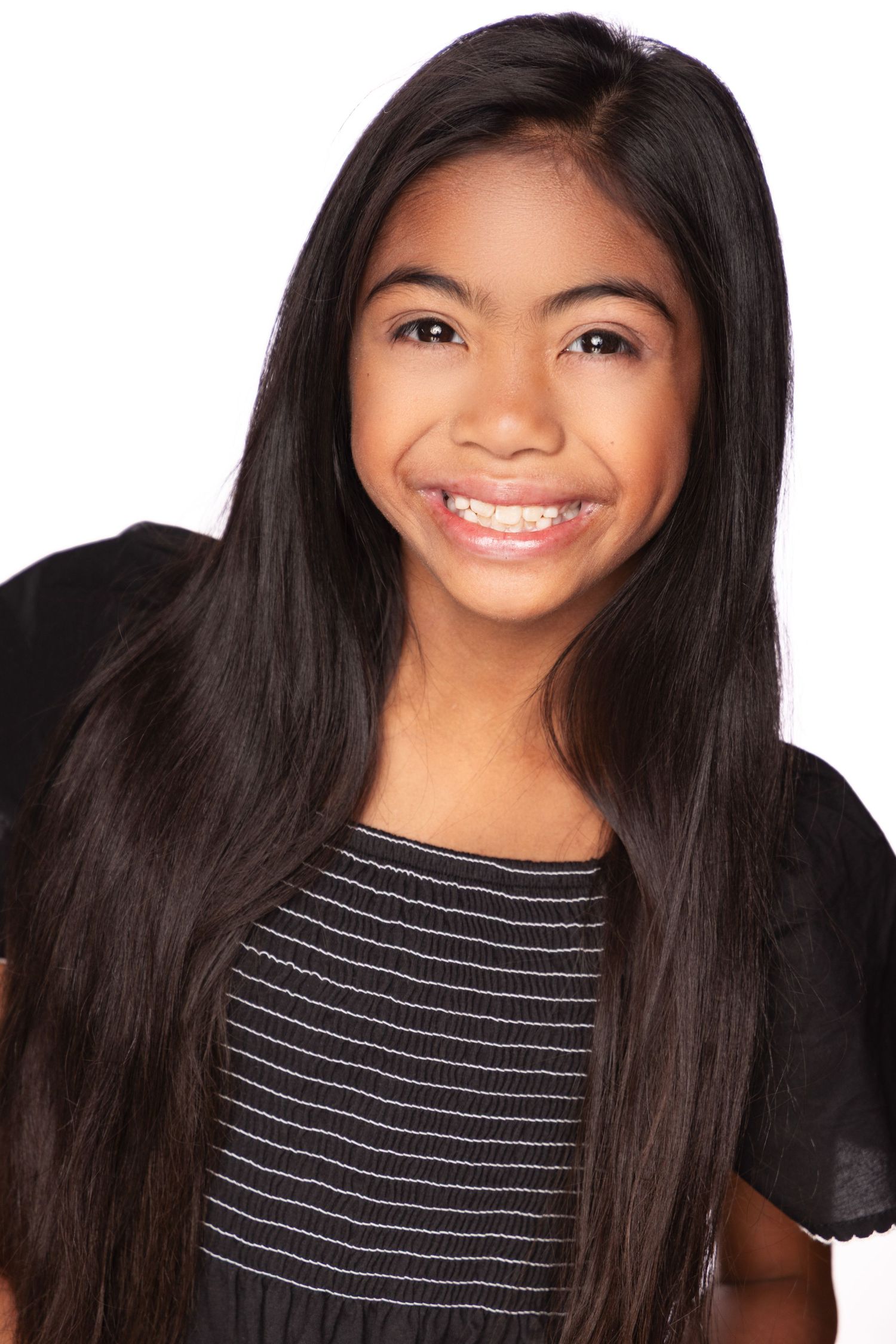 A series of profile photos showing a person in a black and white striped top with long dark hair smiling at the camera.