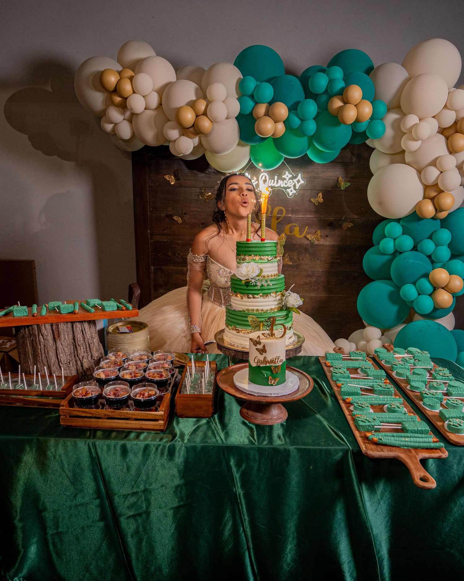 Quinceañera Birthday Cake Table with Green and Gold Balloon Garland Sacramento