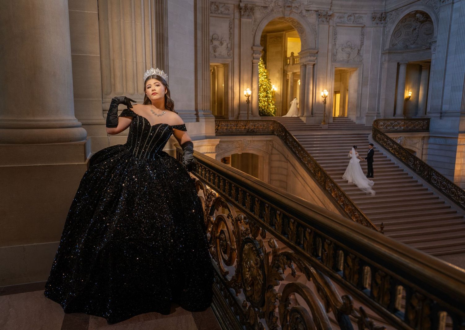 Quinceañera in elegant black gown at San Francisco City Hall, fashion-inspired editorial portrait