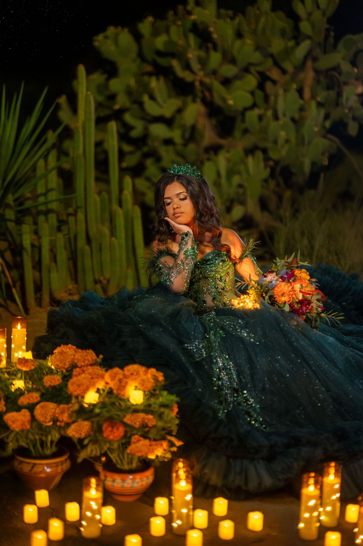 Day of the Dead quinceañera photoshoot with candles and florals in Sacramento | The Padillas