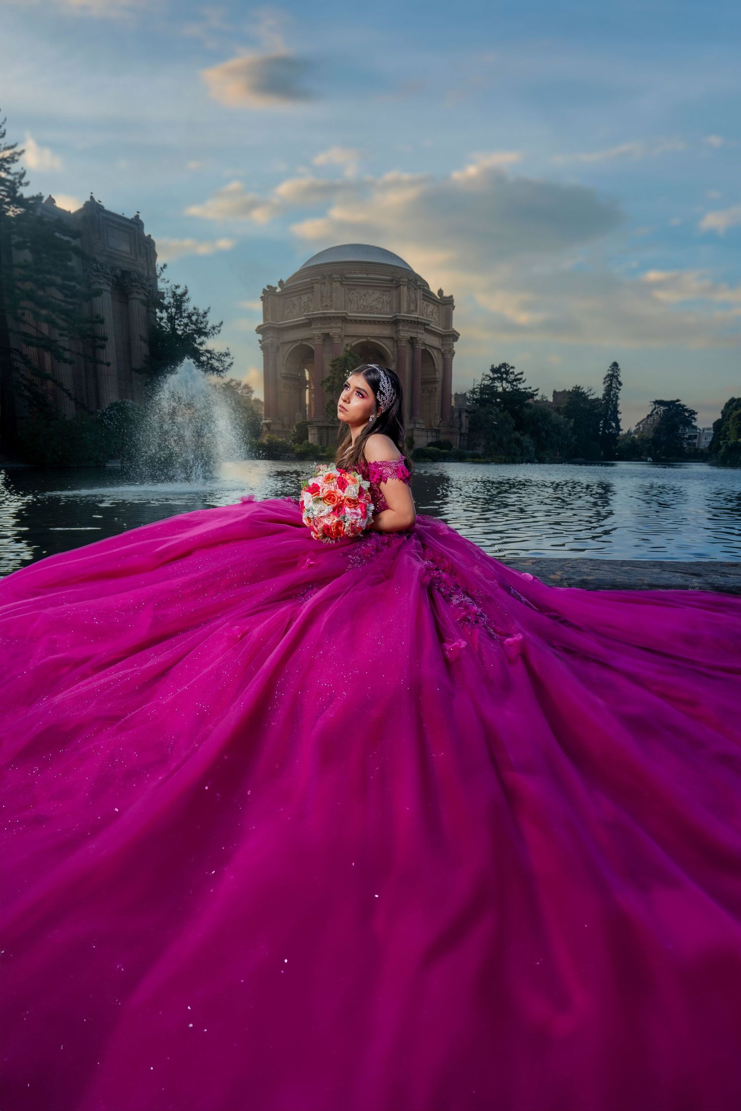 Palace of Fine Arts Quinceañera Photoshoot with Fuchsia Ballgown San Francisco