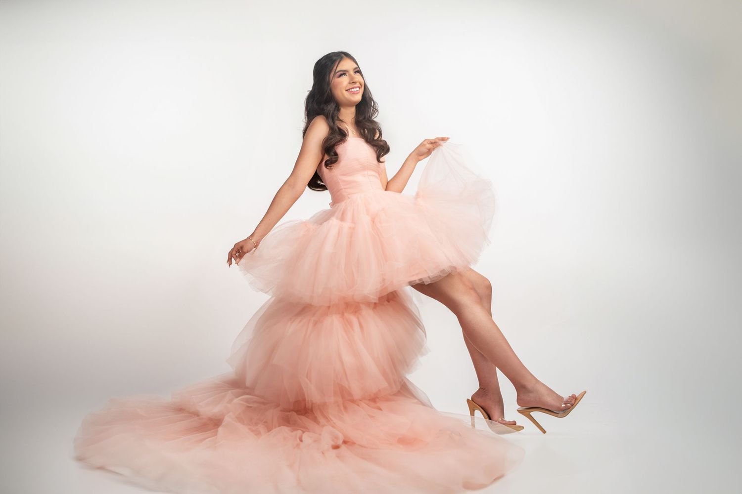 Modern Studio Quinceañera Portrait in Blush Pink High-Low Gown Sacramento