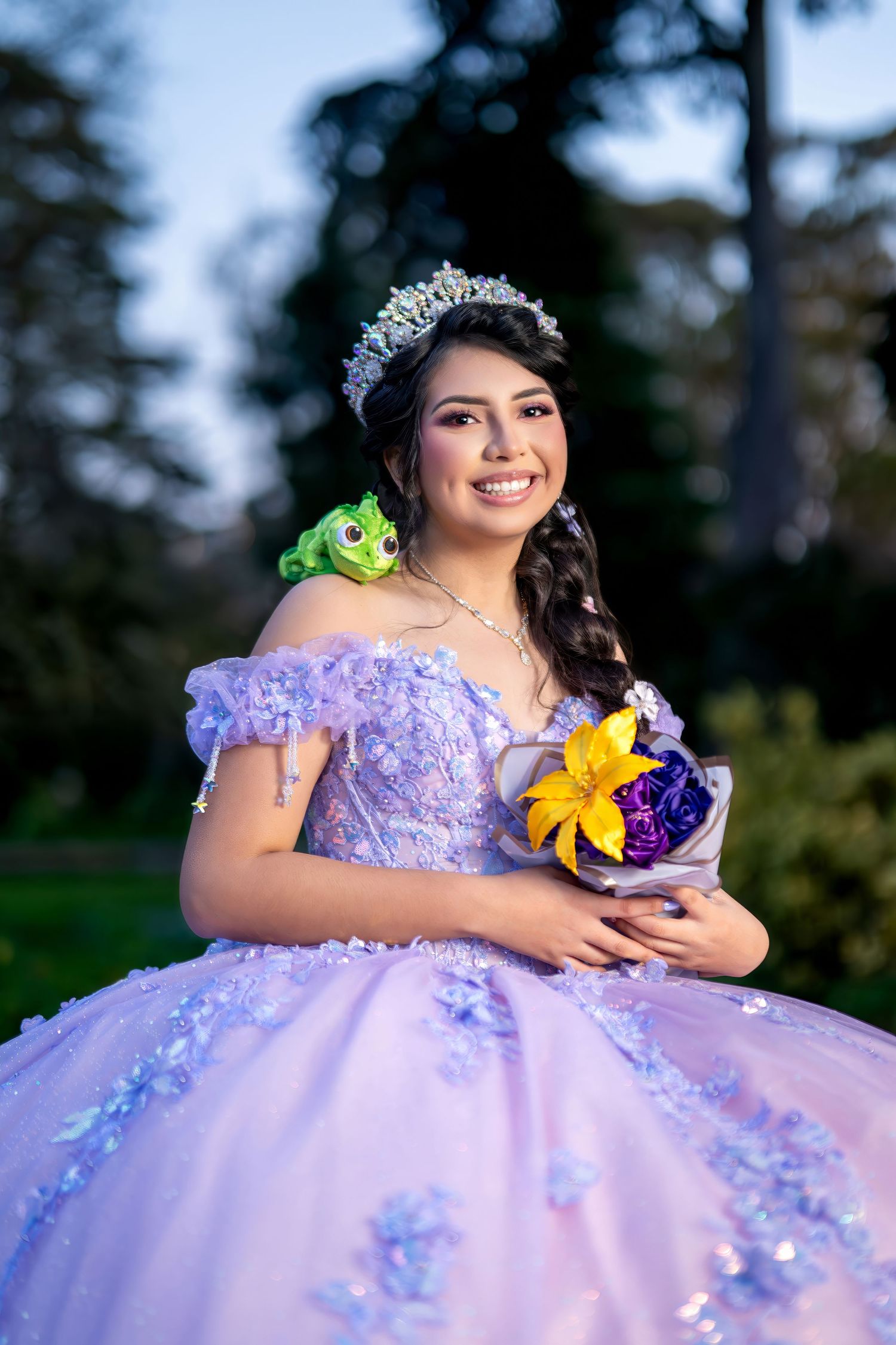 Quinceañera in purple gown with Pascal lizard prop during San Francisco session | The Padillas