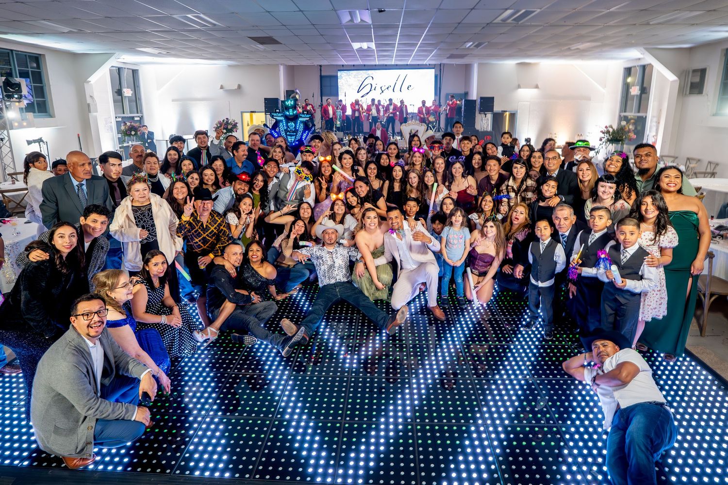 Full Quinceañera Reception Group Photo on LED Dance Floor Sacramento Event