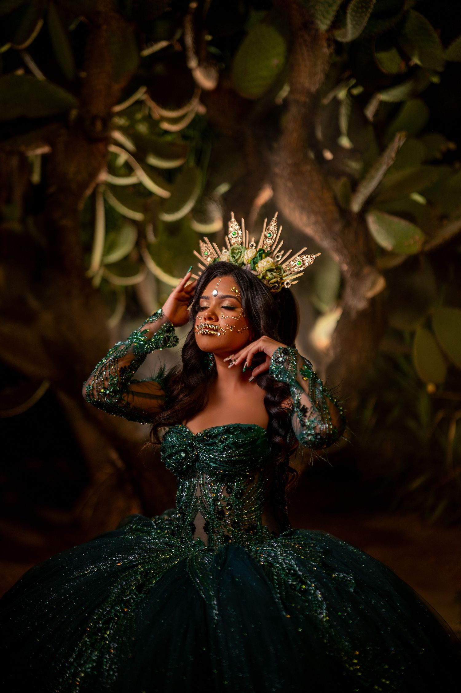 Quinceañera Day of the Dead portrait in green gown with crown, Sacramento photography | The Padillas