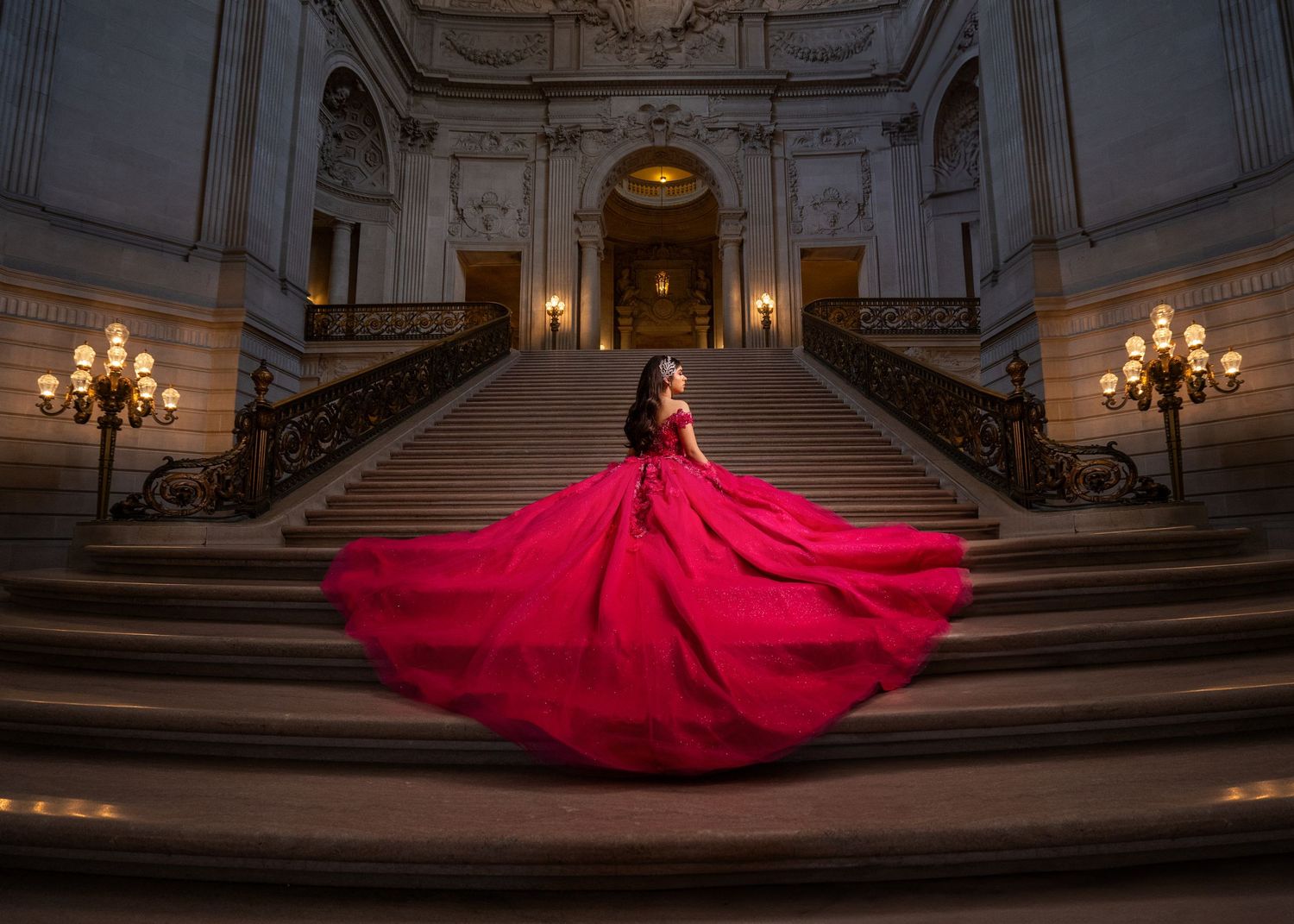 San Francisco City Hall Quinceañera Portrait on Grand Staircase with Red Dress