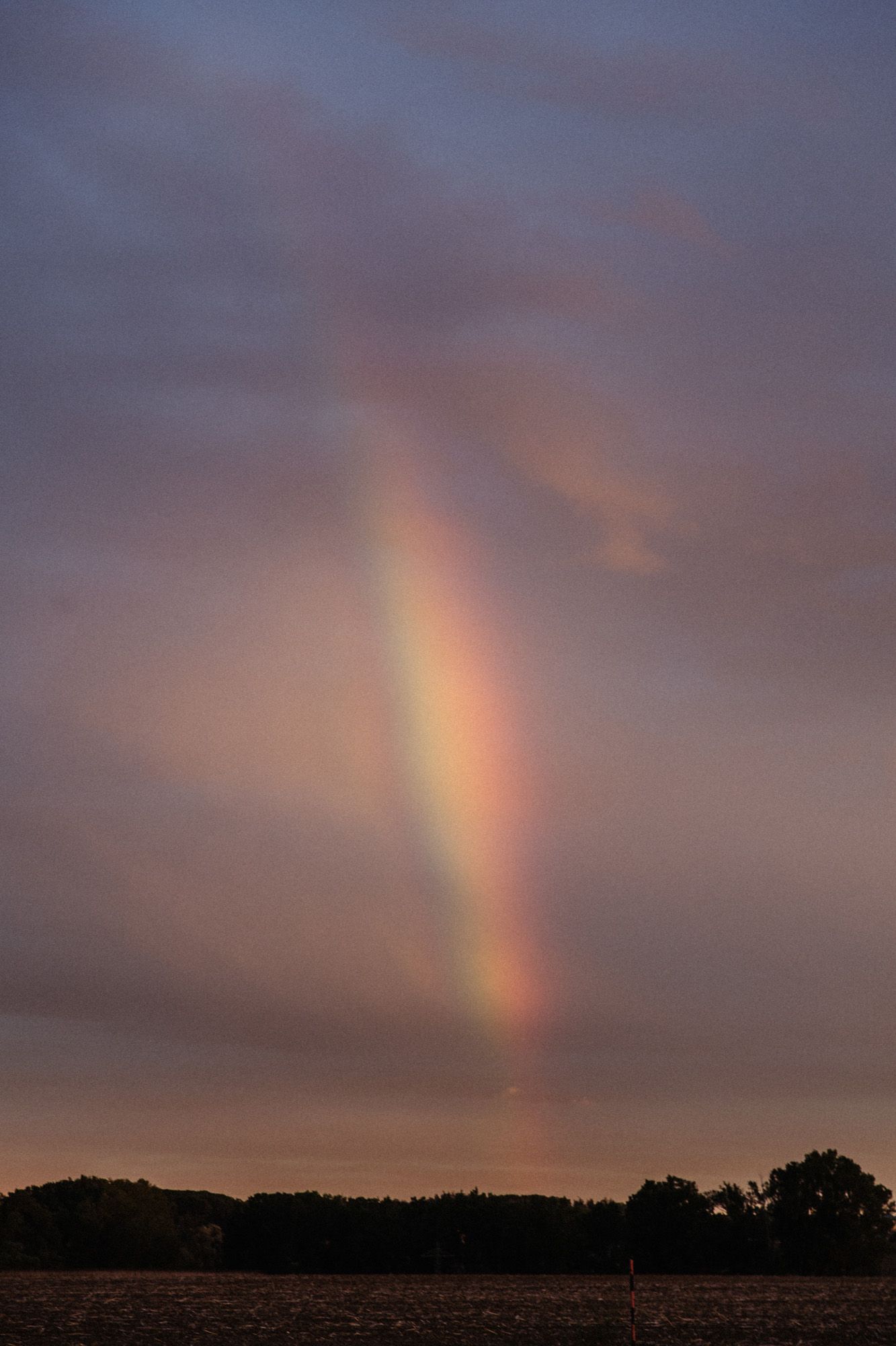 Vibrant rainbow appears in dusky purple sky over rural landscape at sunset.