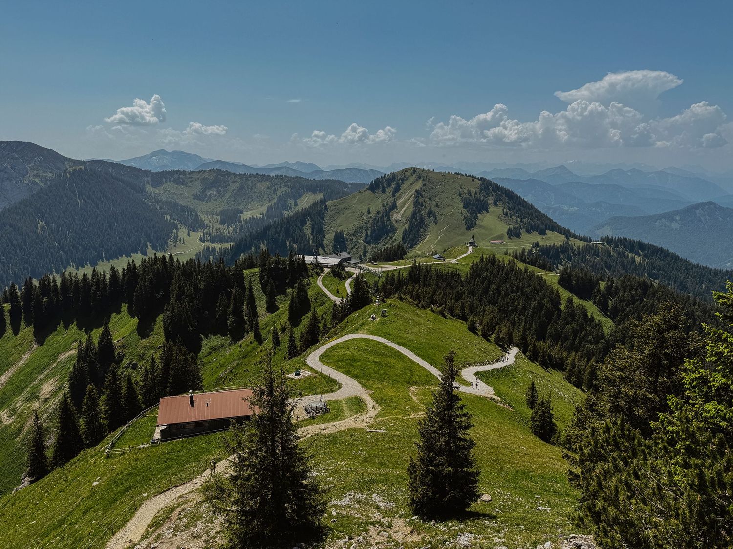 Panoramic view of green mountain slopes with hiking trails and alpine huts in the Bavarian Alps on a sunny day.