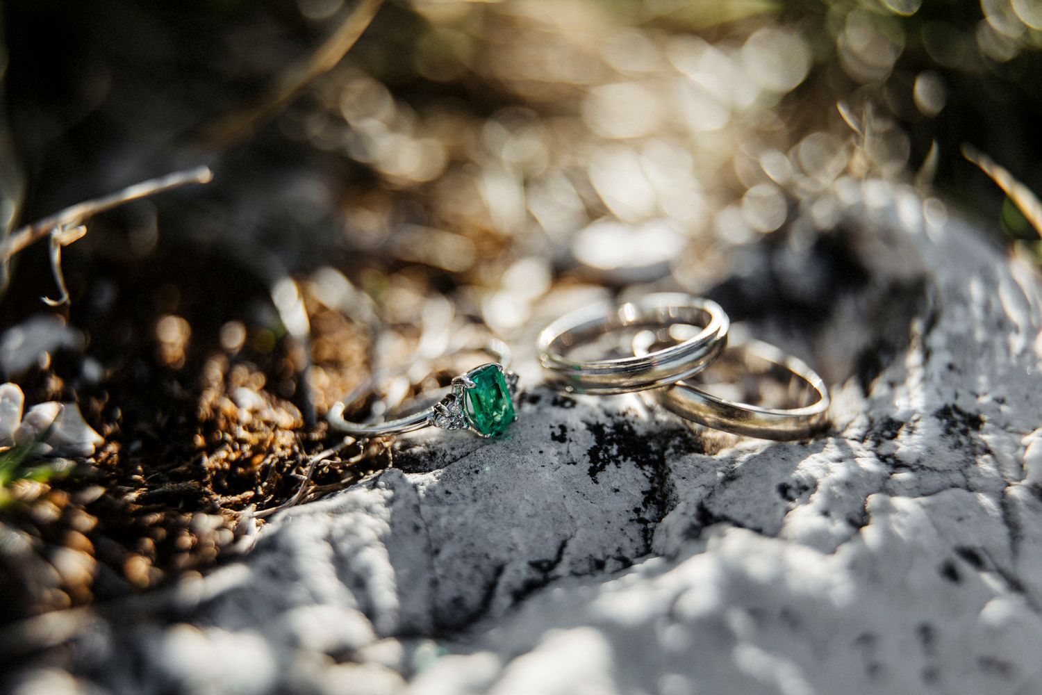 Wedding rings photographed with natural bokeh and shadows.