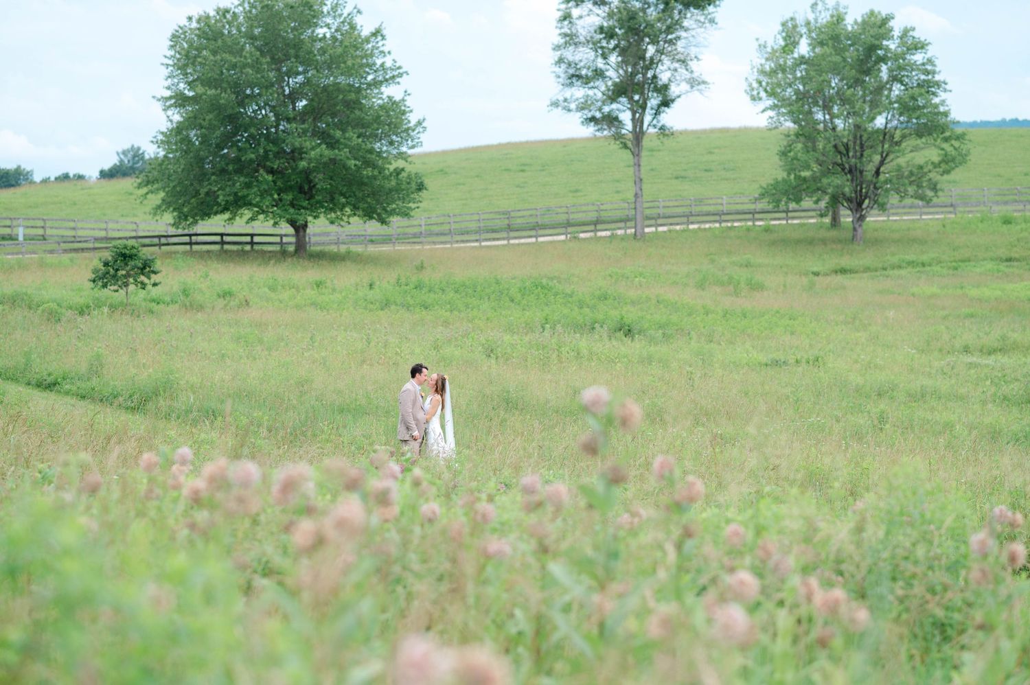bride and groom standing far off in a field