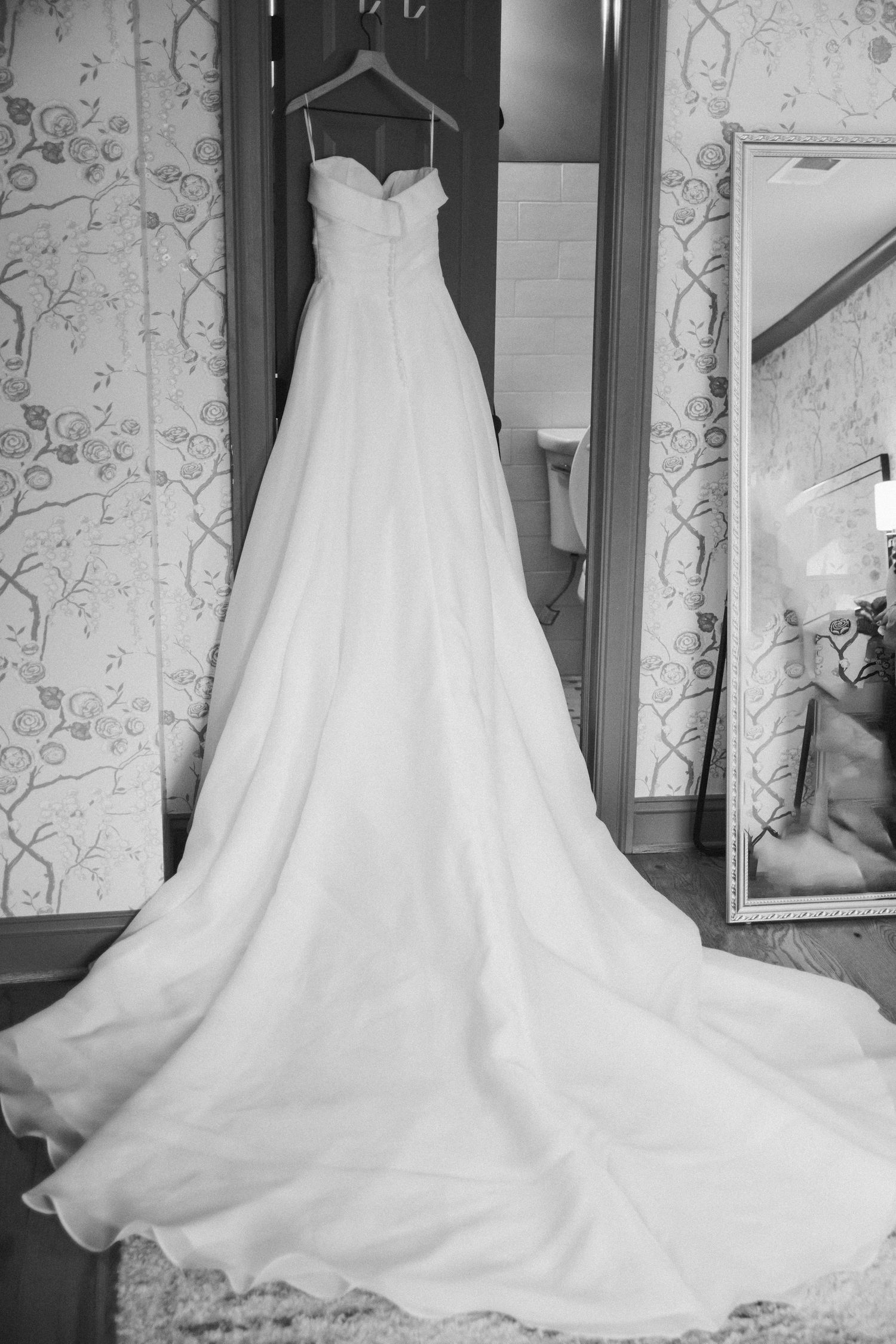 black and white photo of the wedding gown