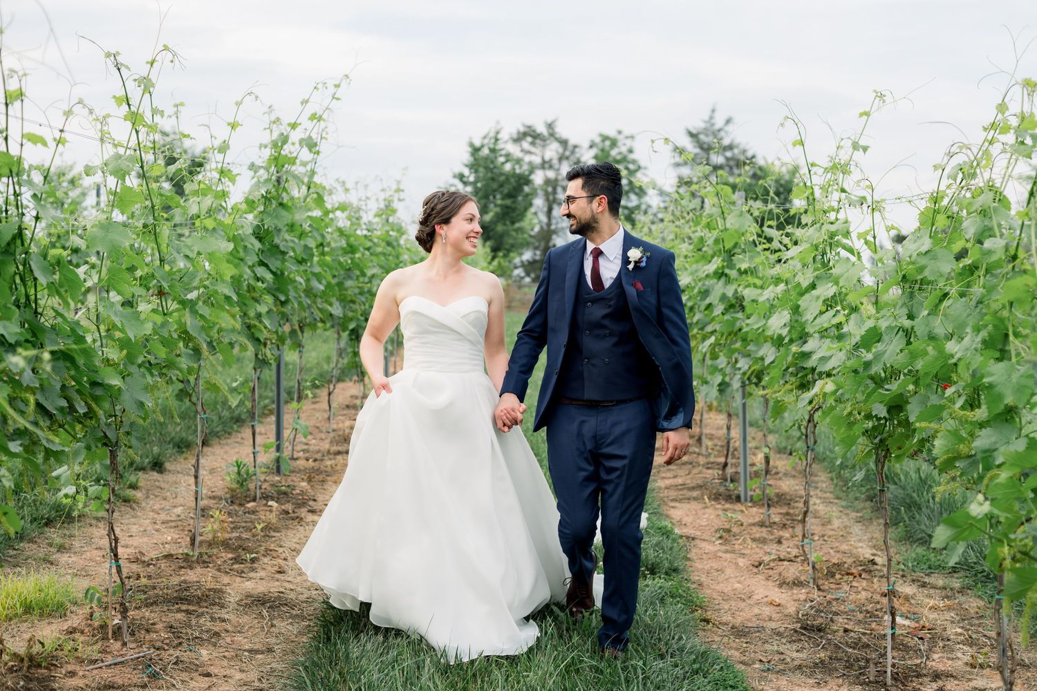 bride and groom walking through the Old Farm vineyards