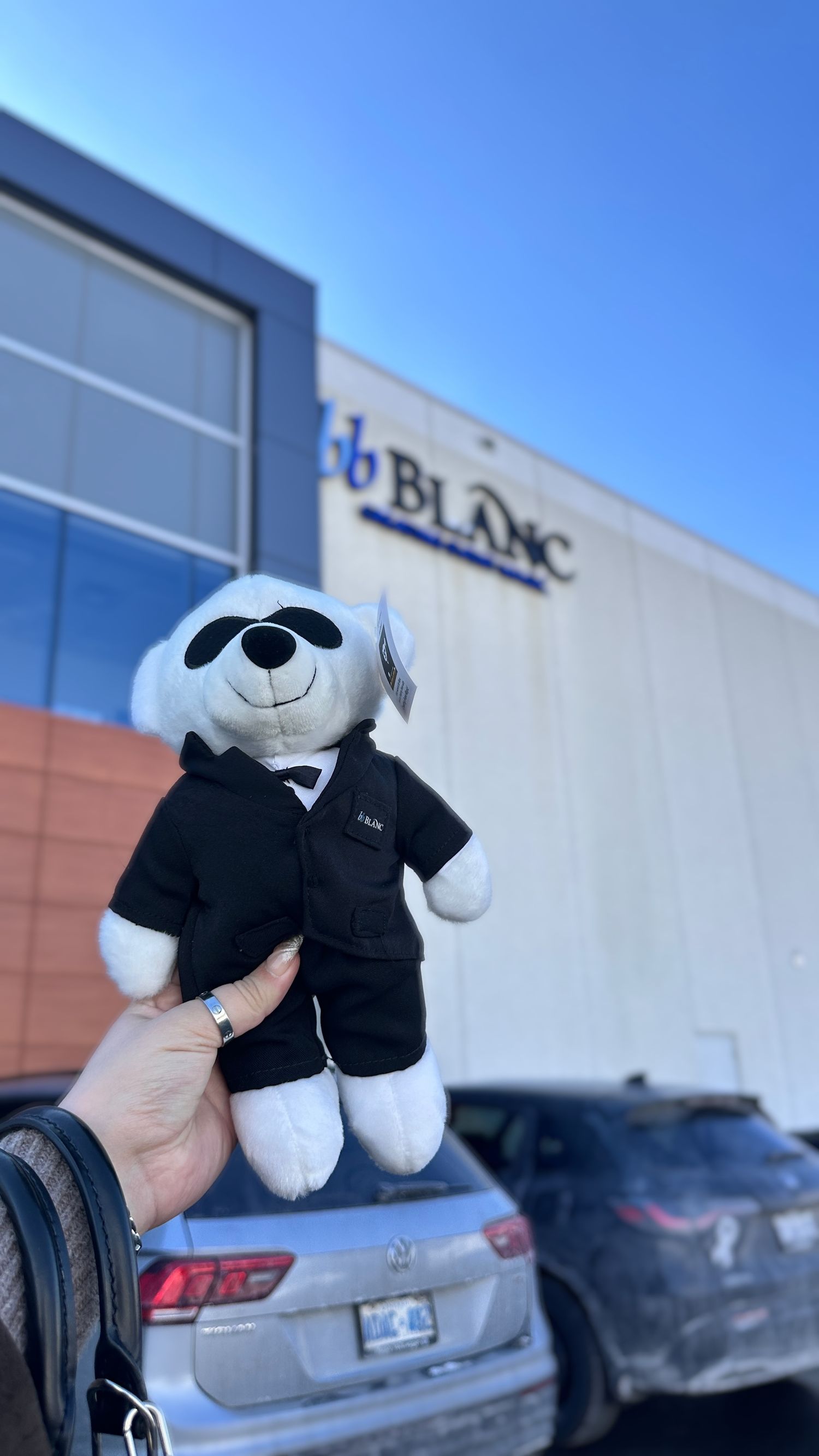 A stuffed polar bear toy in a suit jacket held up in front of a building.