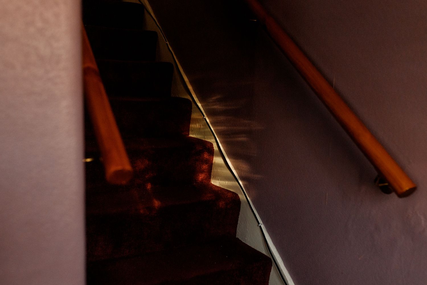 A dark staircase with a wooden handrail and metal railing lit with dim lighting.