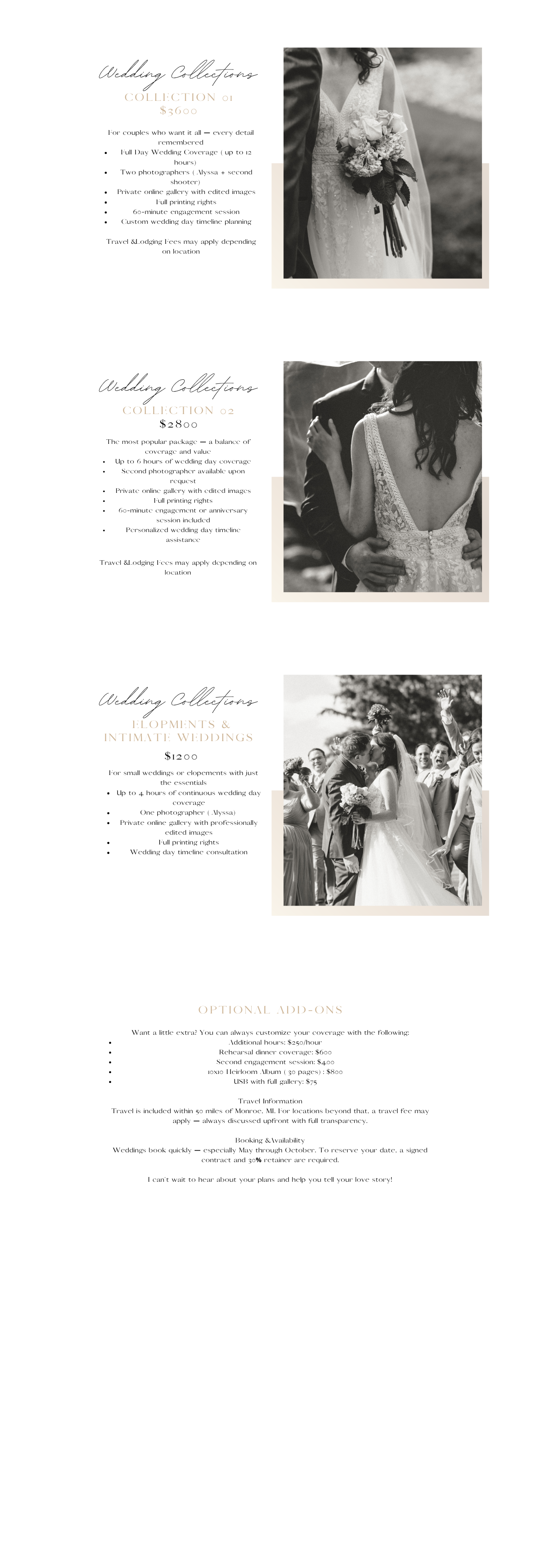 A wedding photography website layout showcasing elegant black and white photos with pricing and package details.