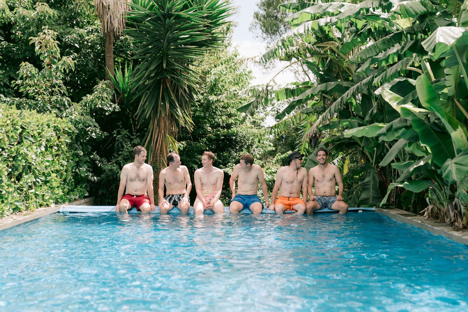 A tropical swimming pool surrounded by lush greenery and palm trees on a sunny day.