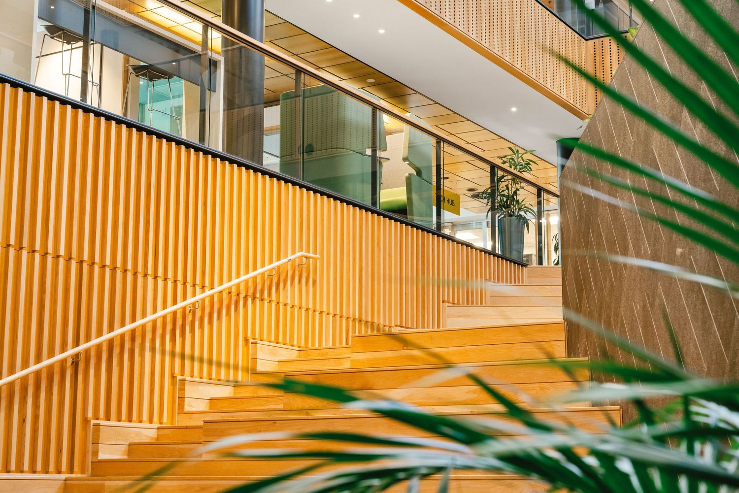 Modern office interior with wooden slat walls, plants, and natural lighting creating a warm contemporary workspace atmosphere.