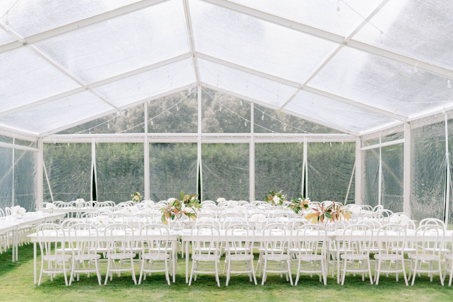 Elegant white wedding reception tent setup with rows of chairs and tables.
