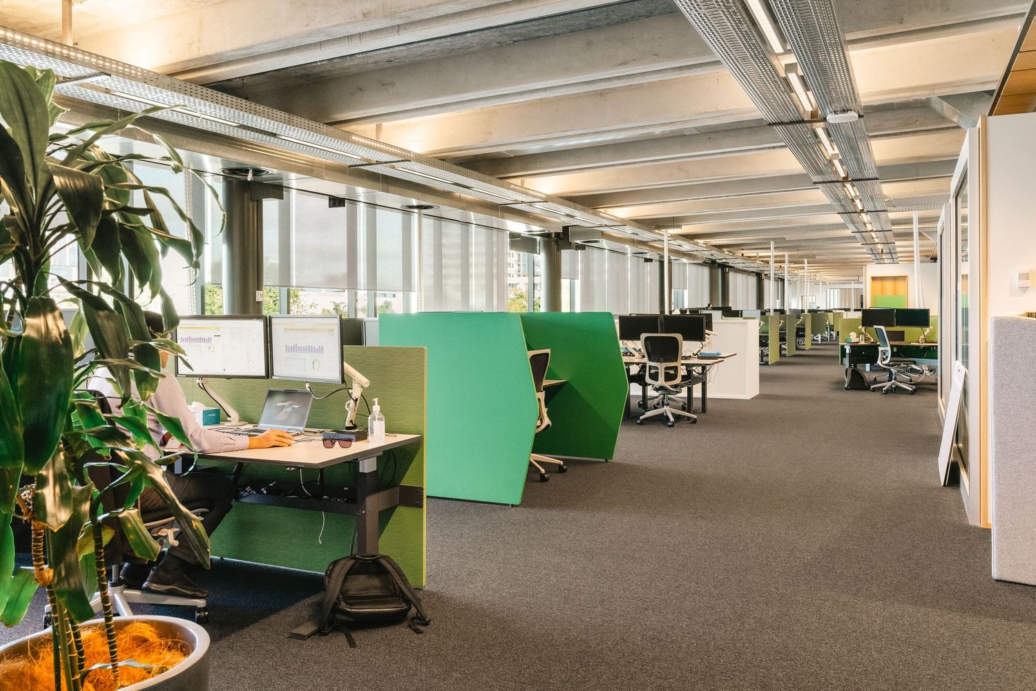 Modern open office space with green dividers, plants, and workstations in a bright industrial-style environment.