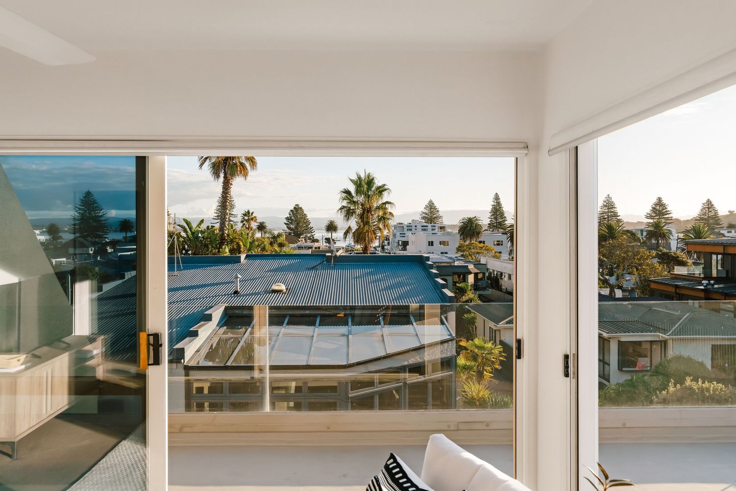 Palm tree lined ocean view from a modern balcony with blue water and coastal scenery.