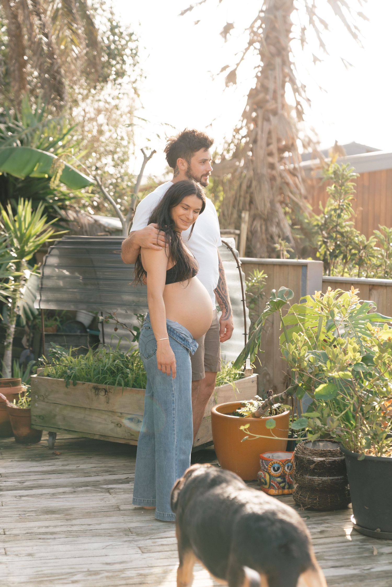 Expecting couple stands together on wooden deck surrounded by potted plants and garden in backyard during sunset.