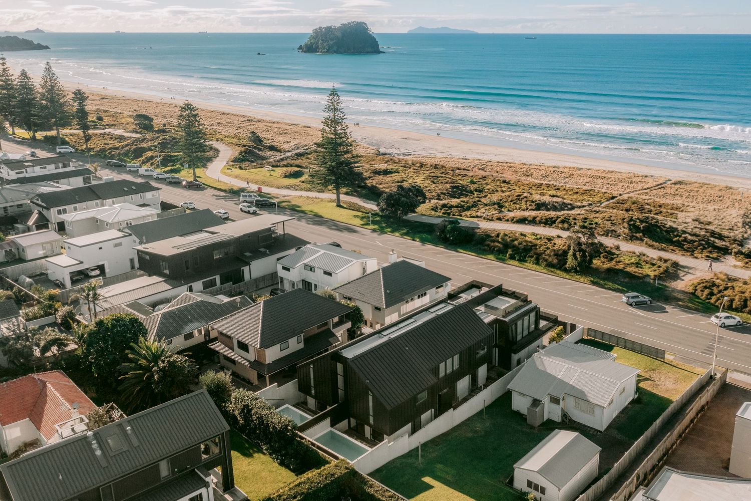 Aerial panorama of beachfront properties along a sandy coastline with turquoise ocean waters.