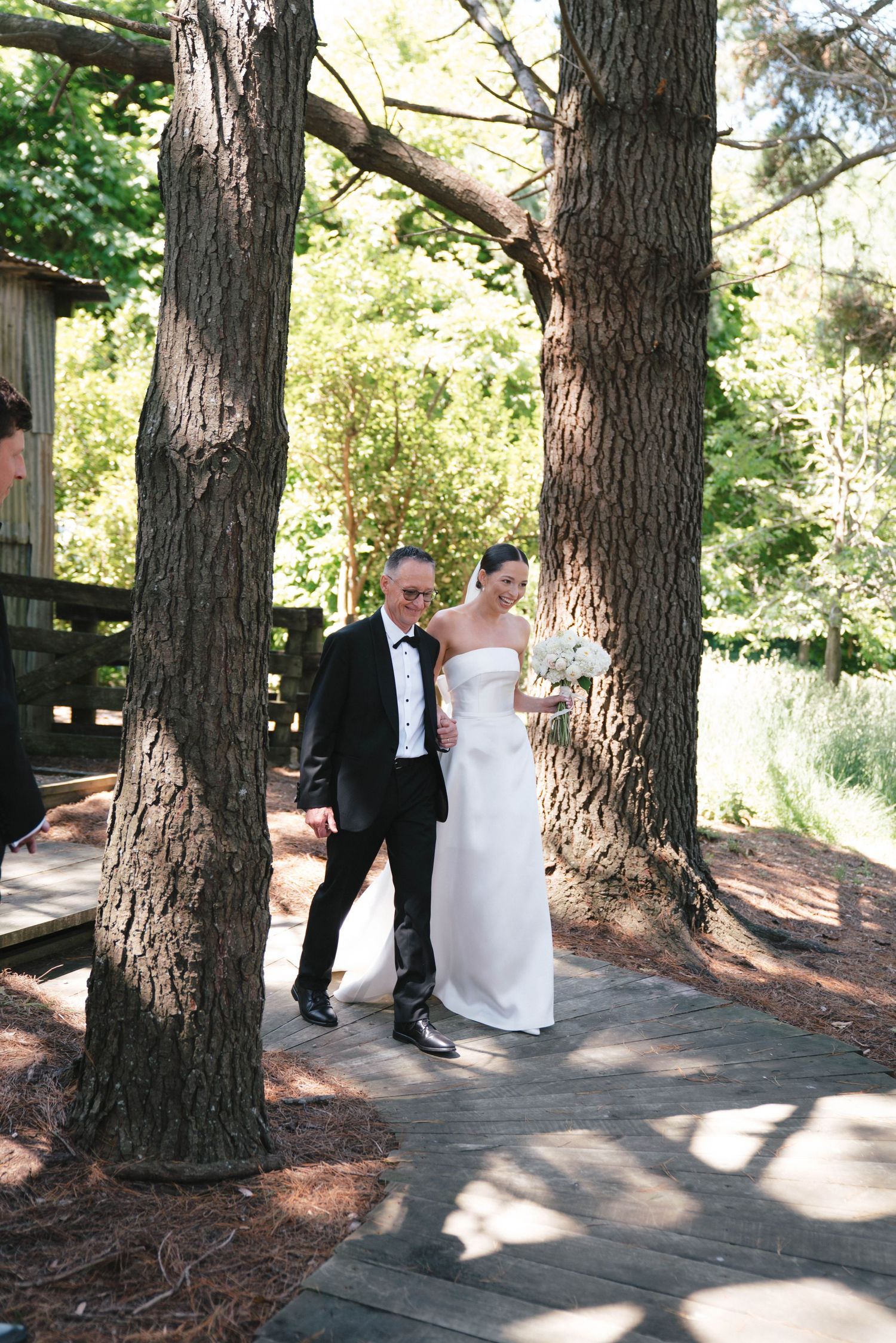 A couple walks along a wooden pathway between tall trees during their wedding.