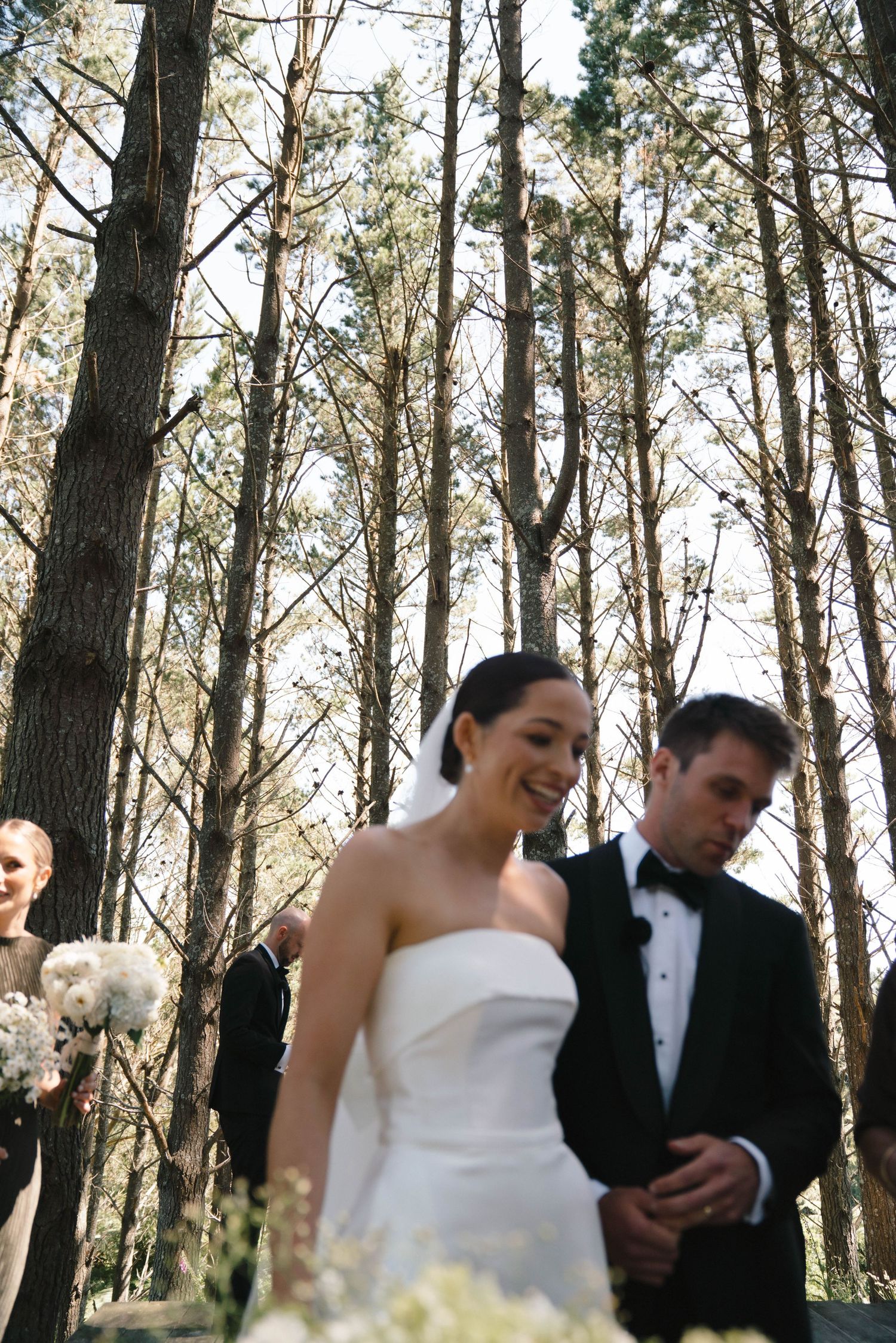 Wedding ceremony takes place in a serene pine forest with guests gathered among tall trees.