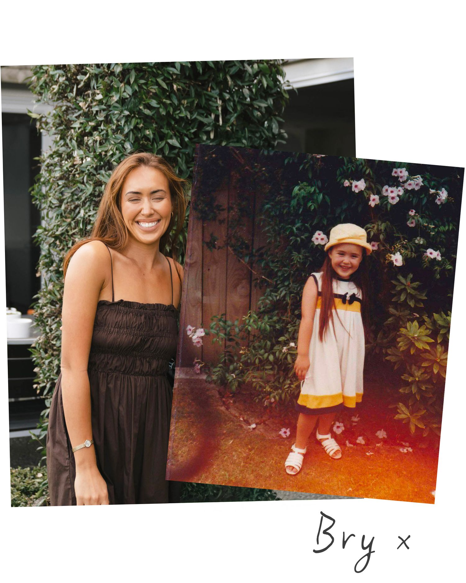Five progressive photos of someone posing playfully in front of a rustic wooden door in a garden setting.