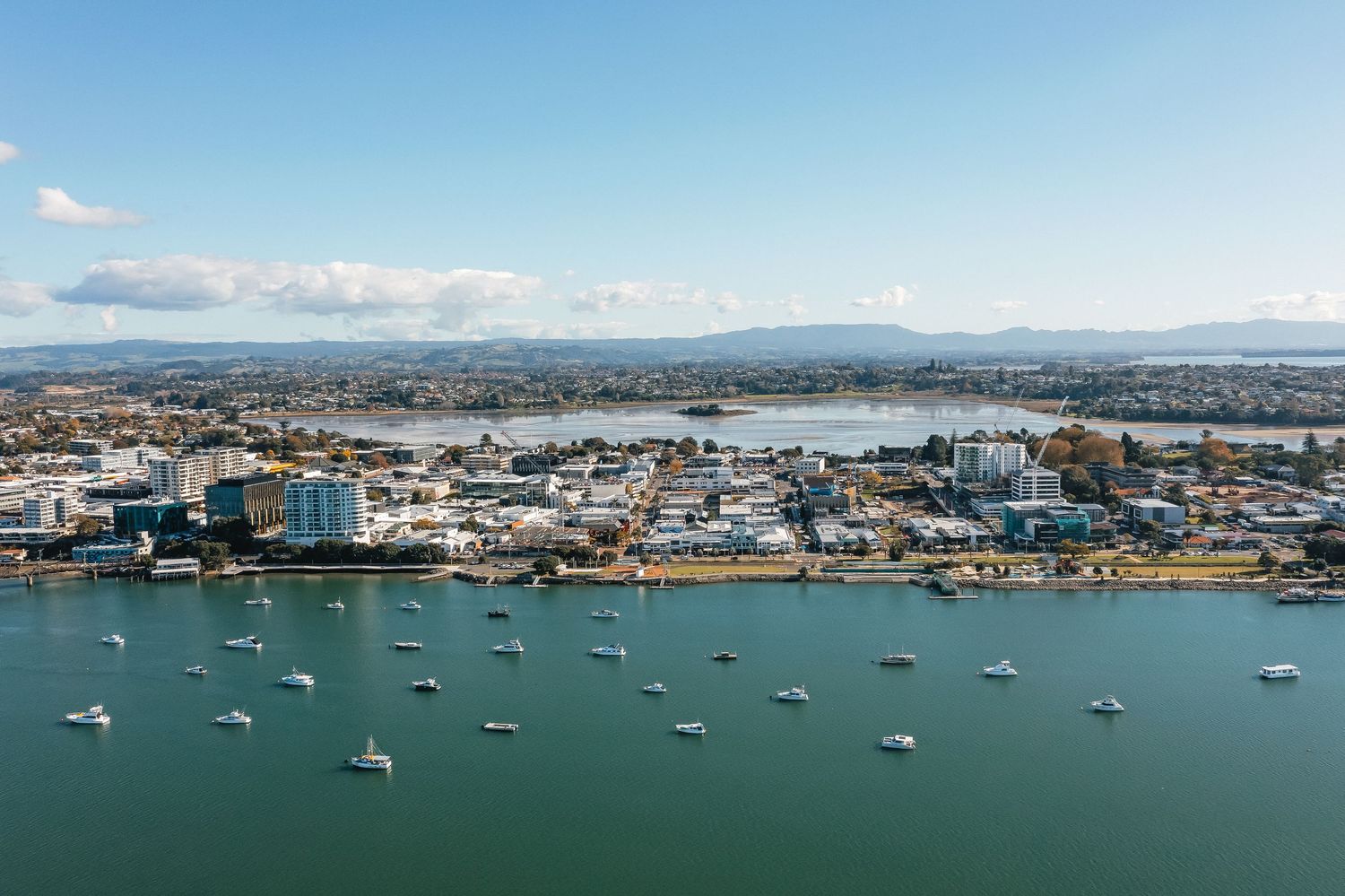 Aerial view of boats moored in Wellington Harbor with cityscape and mountains in the background.