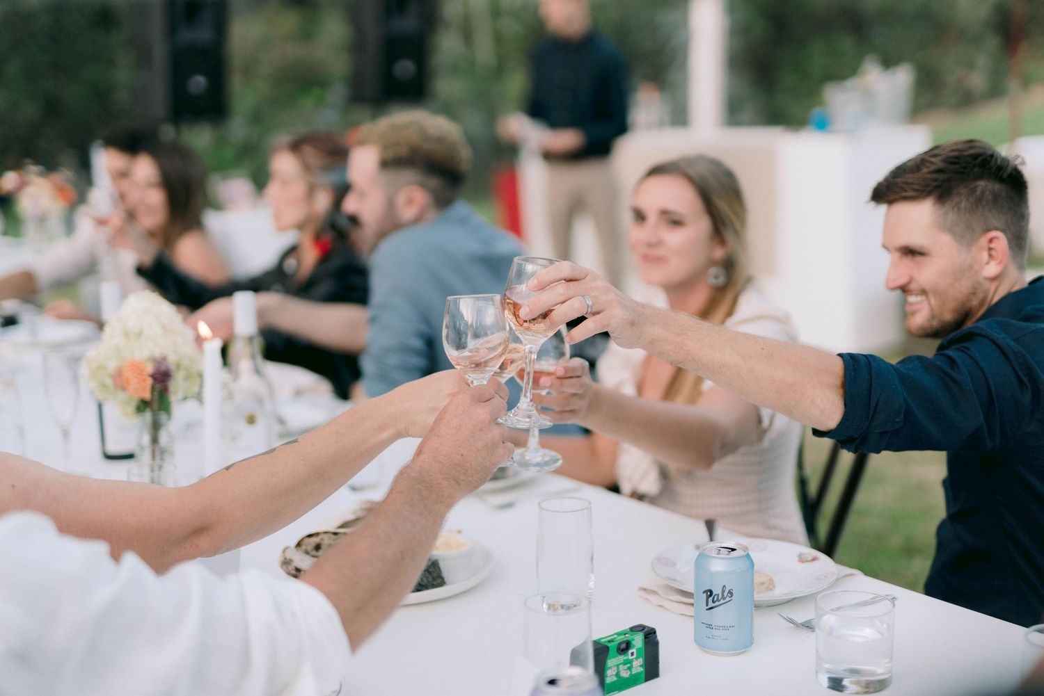 Reception guests toasting with champagne glasses at outdoor wedding tables.