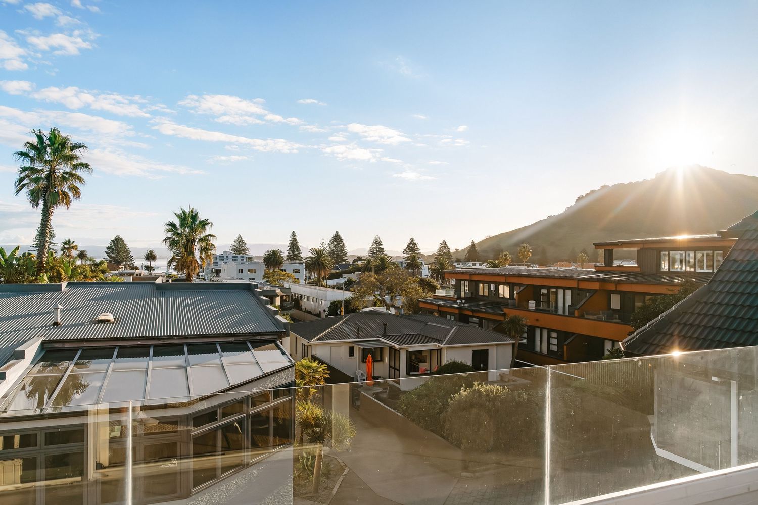 Scenic rooftop view of coastal homes with palm trees and mountains under bright blue sky.