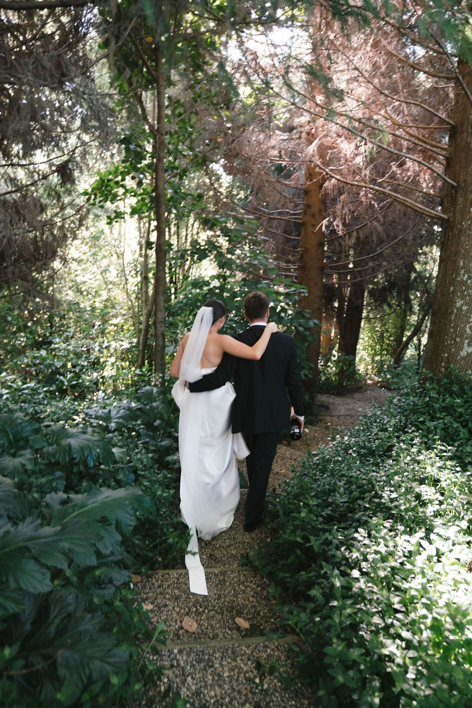 Playful sequence of someone jumping and dancing in a wooded outdoor setting.