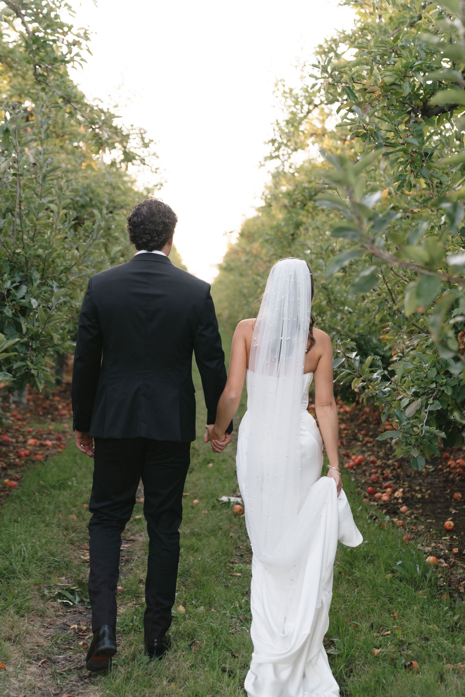 A bride and groom hold hands while walking through an apple orchard on their wedding day.