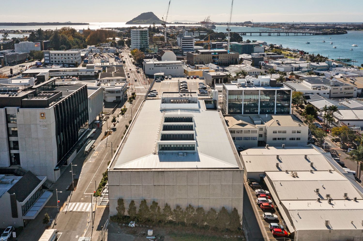 Aerial view of downtown Mount Maunganui with commercial buildings and marina in background.