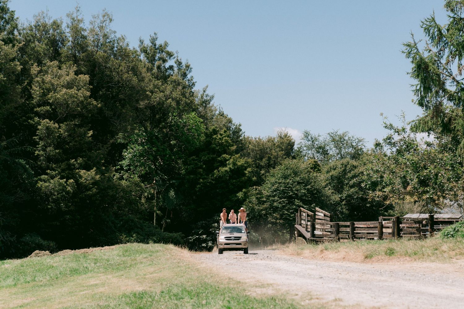 A utility vehicle drives along a dirt path between wooden fences and green trees.