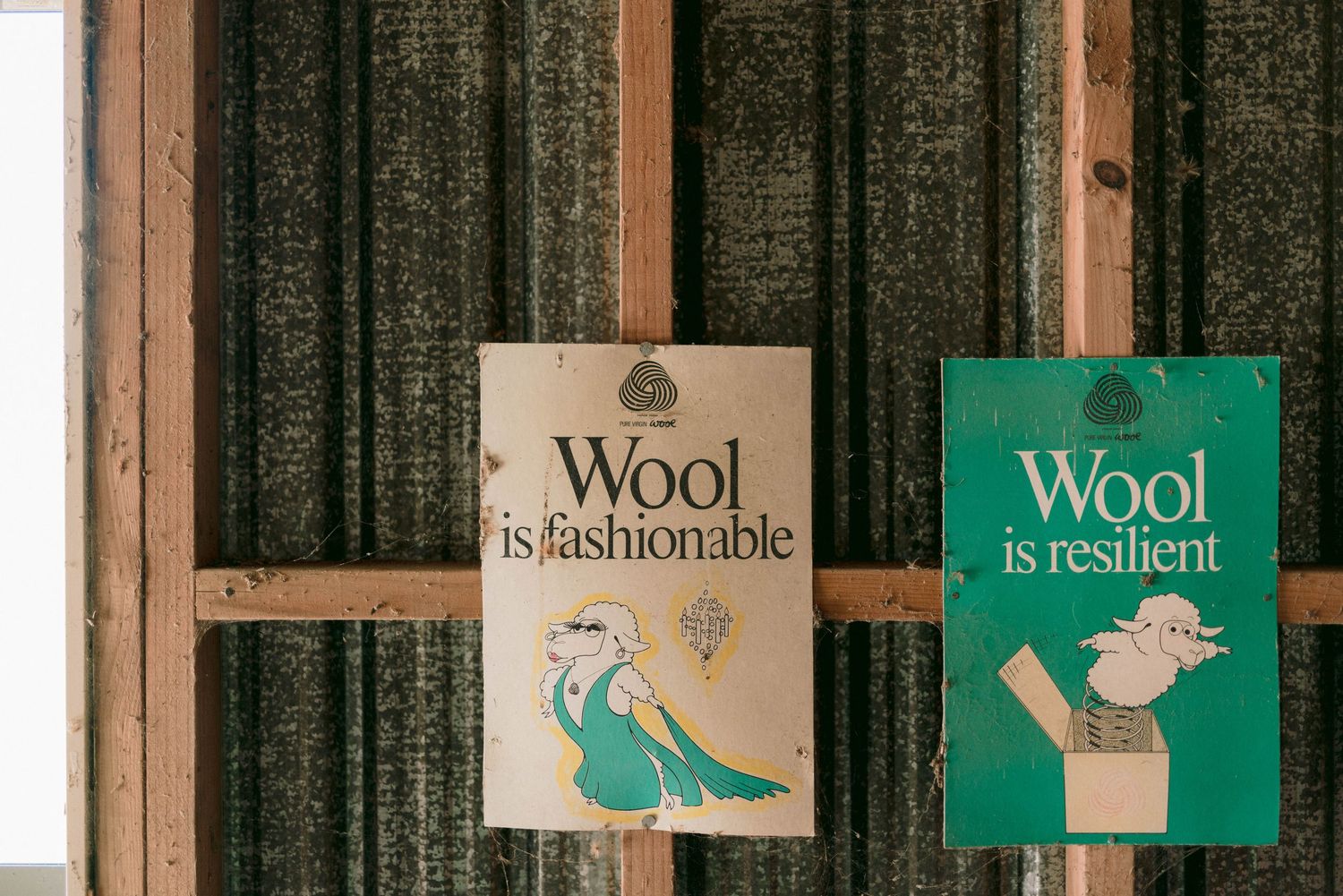 A row of decorative signs featuring wool-related text and sheep illustrations.