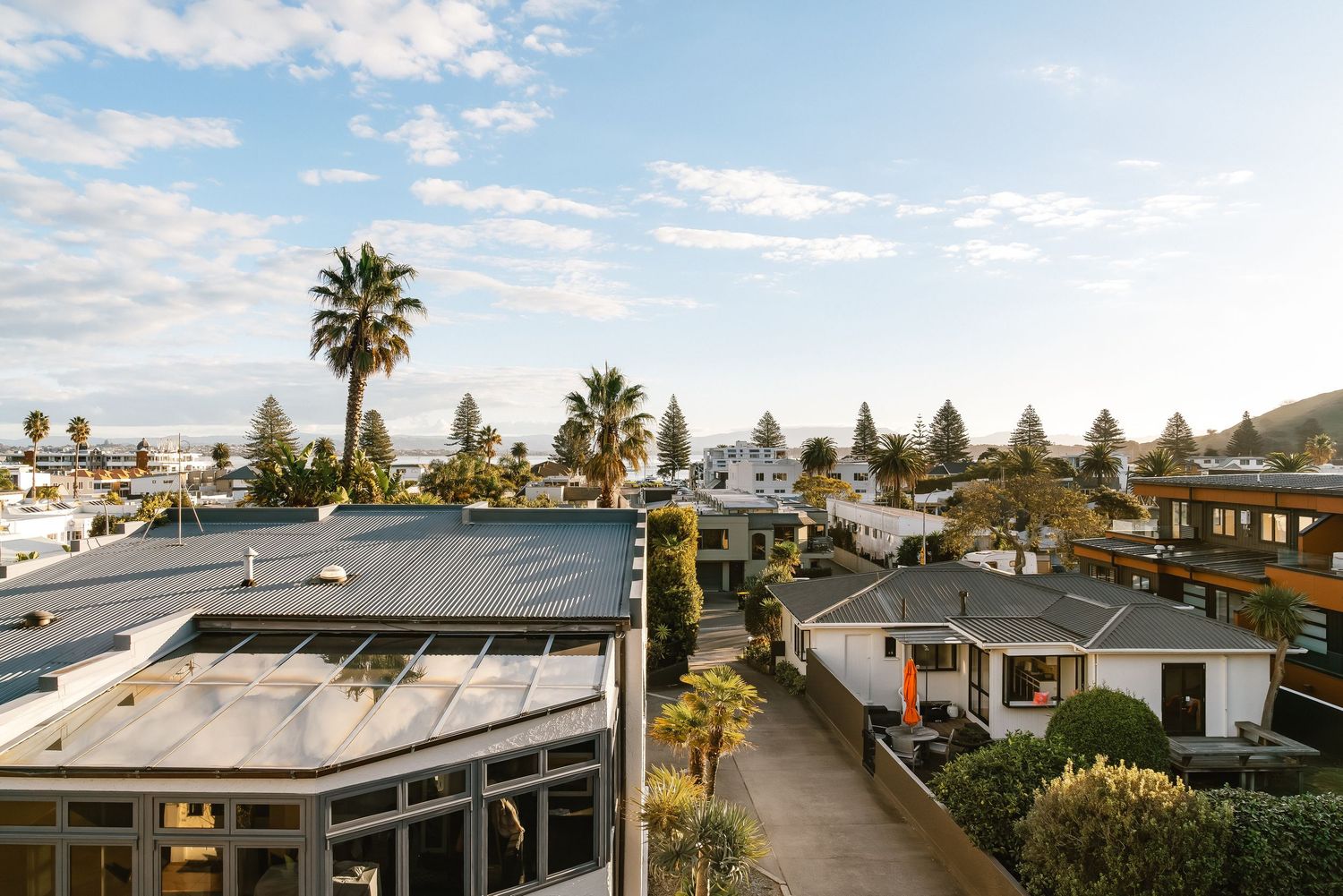 Panoramic view of coastal neighborhood with palm trees and residential buildings under blue sky.