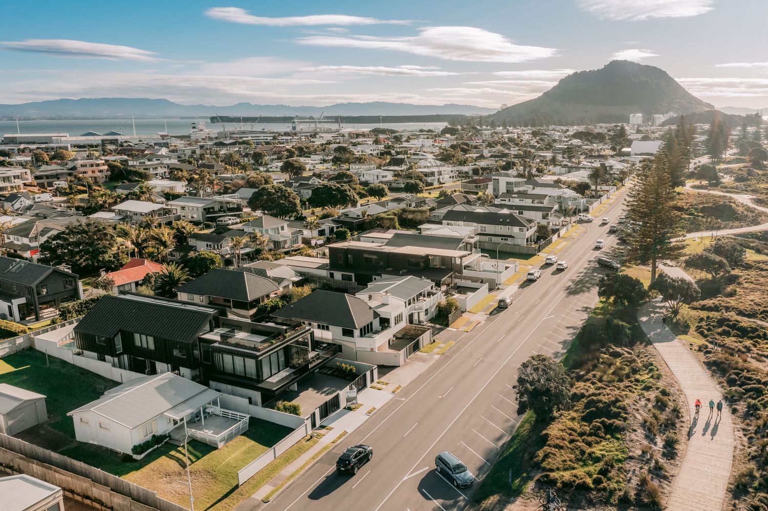 Panoramic aerial view of coastal residential neighborhood under blue skies.
