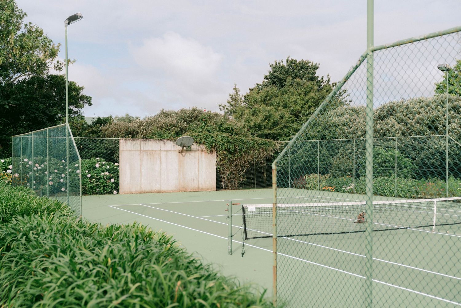 Empty tennis court surrounded by green fence and landscaping on a cloudy day.