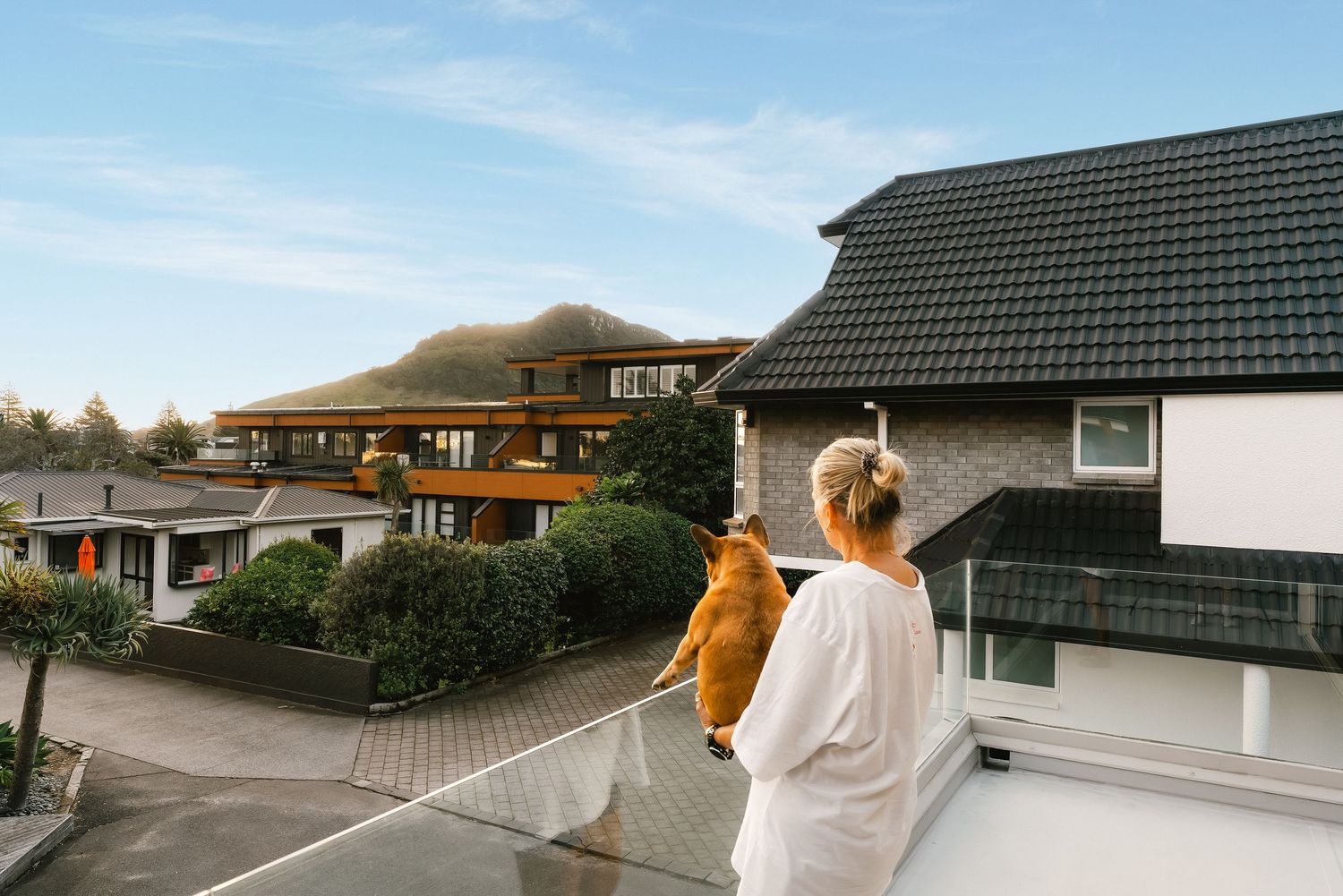 View of suburban houses with tiled roofs against blue sky and mountain backdrop.