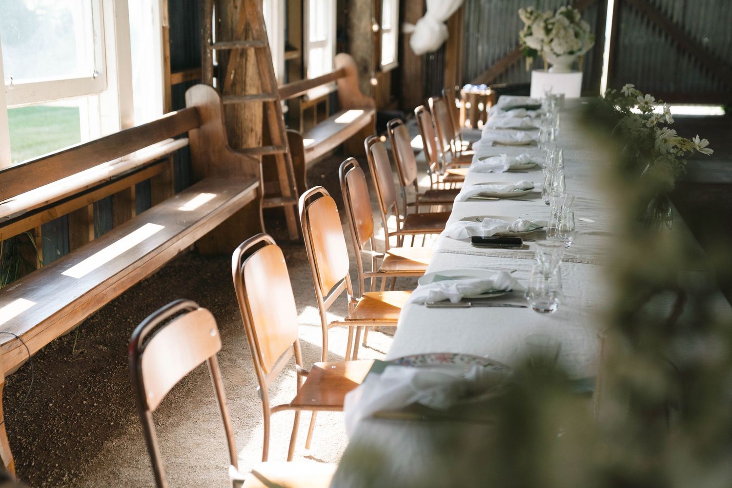 Sunlit dining room with wooden chairs arranged along table settings, creating an elegant rustic ambiance.