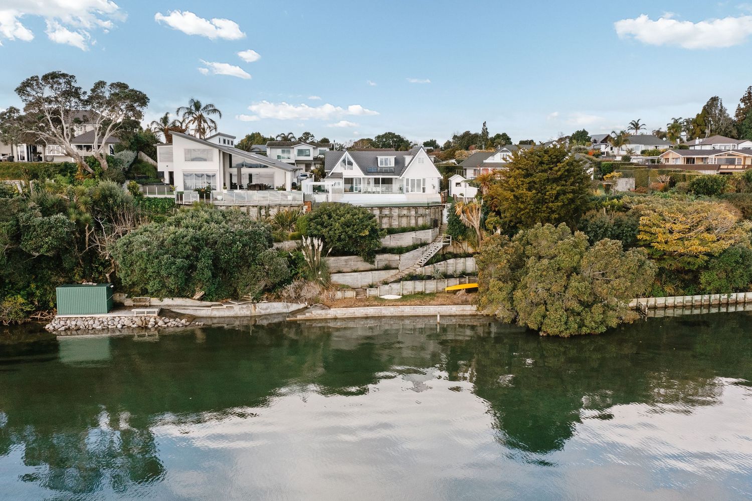 Aerial view of waterfront homes and lush greenery along shoreline.